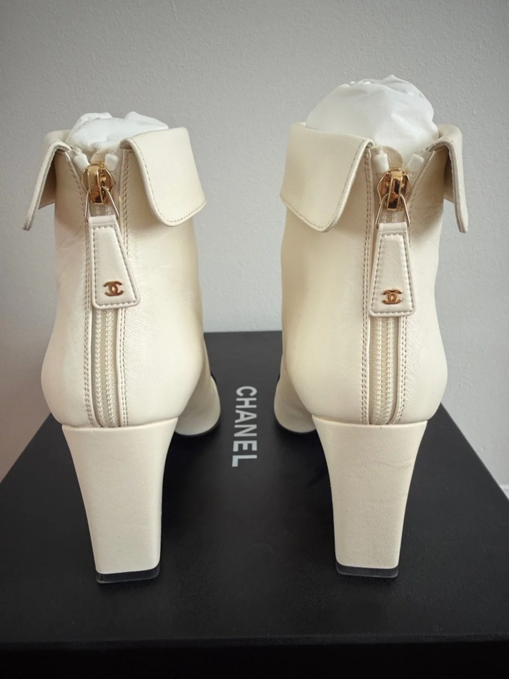 CHANEL White Leather Ankle Boots with Black Cap Toe - Picture 6 of 10